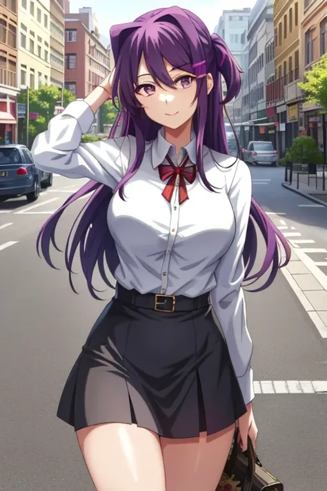 2d, masterpiece, best quality, anime, highly detailed, 1girl, solo, yuri, purple eyes, purple hair, hair between eyes, hairclip, tall, (large breasts:0.8) shy smile, outdoors, , cowboy shot, looking at viewer, street city background