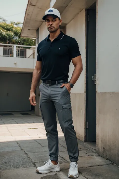 homem de corpo inteiro, professional pants with external pockets, polo shirt and cap and safety shoes