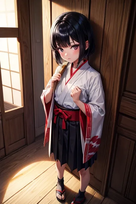 Boy with black hair shortcut　Childhood remains　She is wearing her shrine maiden outfit shyly.