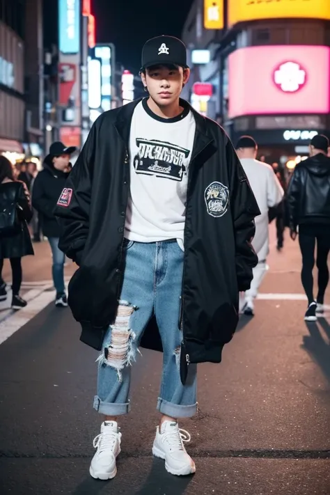 Street style portrait of 25 year old Asian man, Handsome detailed white skin, short hair, snapback hat For an oversized bomber jacket suitable for spring and summer、This graphic T-shirt。Coordinate with long ripped black jeans and high-top sneakers, carryin...