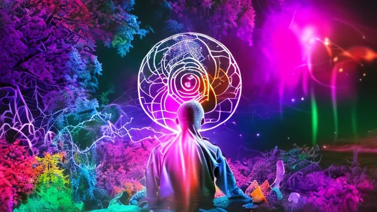 A shaman meditating in a vibrant environment, paisagem iluminada de outro mundo, surrounded by ethereal spirits and symbols of the spiritual realm. Symbols of nature, OM, zen, mystic, cores vibrantes, Imagem com pelo menos 300 dpi, Ultra HD,