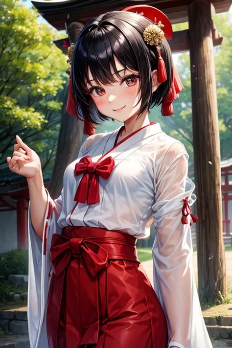 Boy with black hair shortcut　Childhood remains　No　She was dancing with a smile on her face, wearing a short, thin, almost see-through shrine maiden outfit.