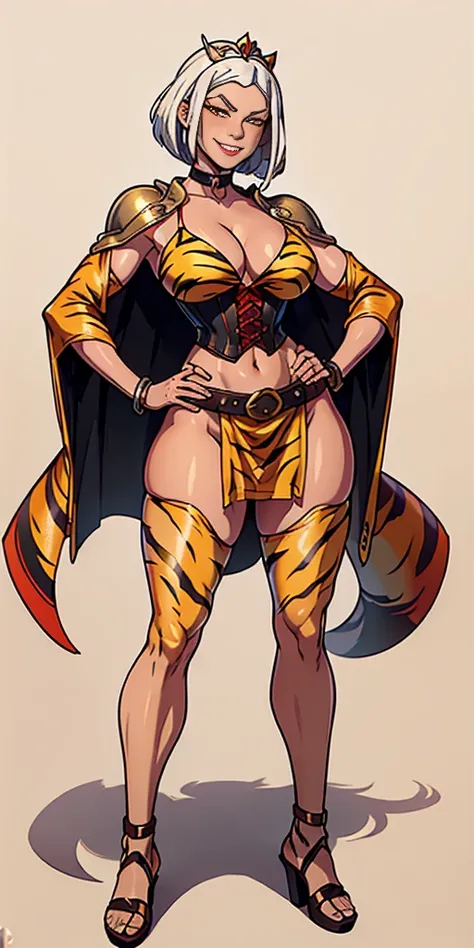 ((Masterpiece, plain background,1:2, masterpiece)) full body standing with two long yellow tiger print stockings, toned thighs, white silver hair, short bob hair, cleavage, separate  yellow tiger print stockings thighs and sleeves, tiara royal, long cape u...