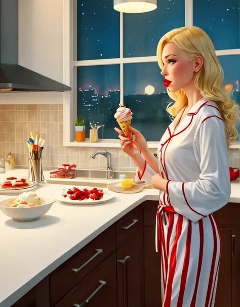 attractive blonde with red lipstick, wearing white pyjamas, full length, view from afar, eating ice cream in the kitchen at nigh...