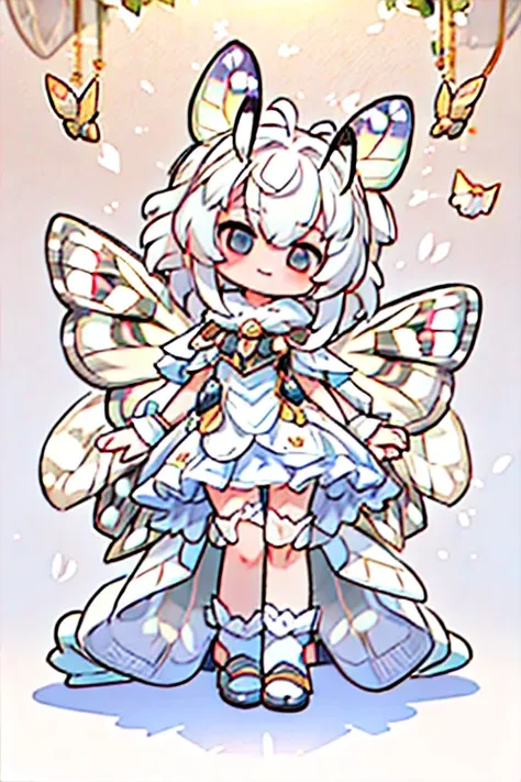 solo,1woman\(cute,kawaii,small kid,skin color white,short white hair,(big moth wing hair:1.7),white dress\(beautiful race\),(2mo...