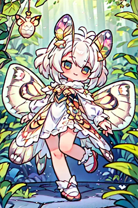 solo,1woman\(cute,kawaii,small kid,skin color white,short white hair,(big moth wing hair:1.7),white dress\(beautiful race\),(2mo...