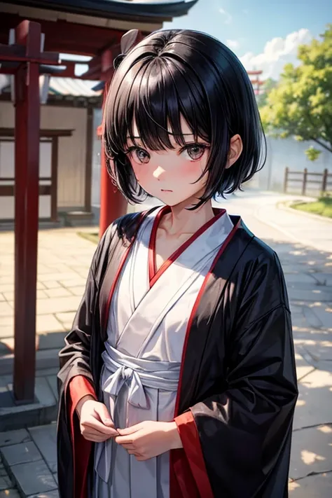 Boy with black hair shortcut　Childhood remains　No　She shyly wears her short-hemmed shrine maiden outfit, hides so she won&#39;t be found, and shows it only to me, laughing and dancing in the rain