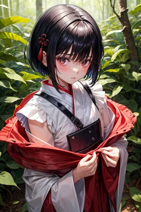 Boy with black hair shortcut　Childhood remains　No　She shyly wears her short-sleeved shrine maiden outfit, hides in the forest so she won&#39;t be found, and shows it only to me as she dances in the rain, laughing