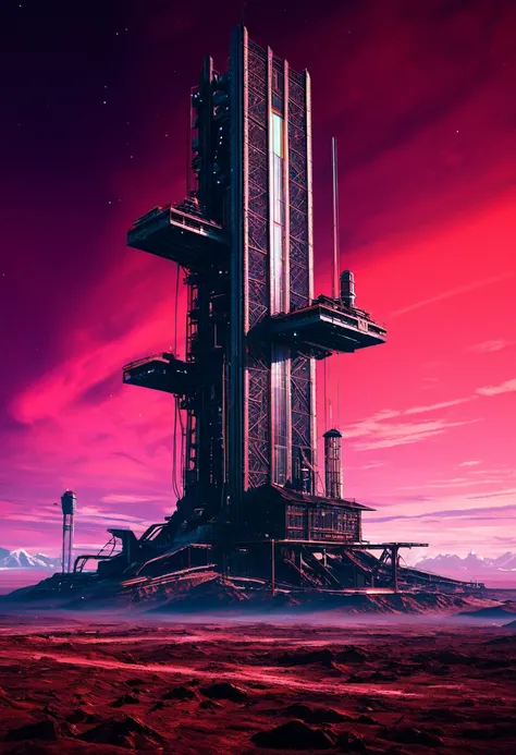 A technicolor space elevator rises from a desolate wasteland, with its neon lights flashing against the background of a crimson sky. La pintura es muy detallada, con cada remache y cable meticulosamente representados en tonos vivos. The main theme is the i...