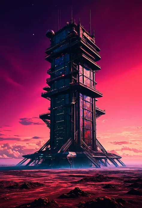 A technicolor space elevator rises from a desolate wasteland, with its neon lights flashing against the background of a crimson sky. La pintura es muy detallada, con cada remache y cable meticulosamente representados en tonos vivos. The main theme is the i...