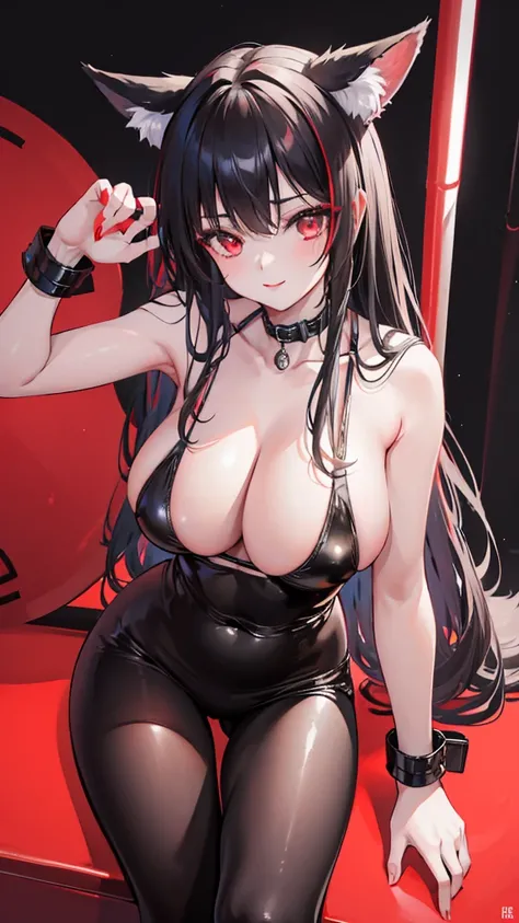 2 girls、kiss，Red lips，(8k、Highest image quality、best quality、masterpiece)、Tights，Large Breasts，Extremely detailed facial details, handcuffs，Collar，Calm expression,Red lips，Sweet smile，Black long hair, Charming red eyes, Fox ears,Pole Dancing， Ridiculously ...