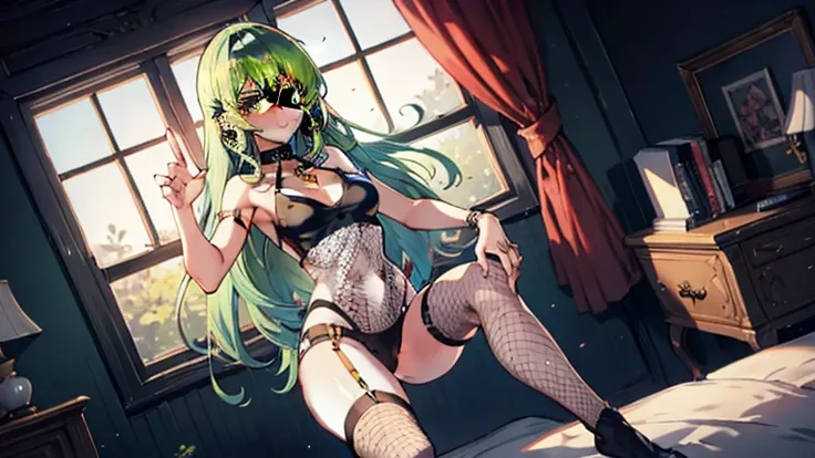 （Slender）(butt), (bedroom), (Sexy Girls), masterpiece, best quality, 1 Girl, Bangs, blush, Full breasts, clavicle, Ear piercing, Eyebrows visible through hair, (Gradient green hair), jewelry, Long hair, Looking at the audience, Bright Eyes, ring, (Solitary...