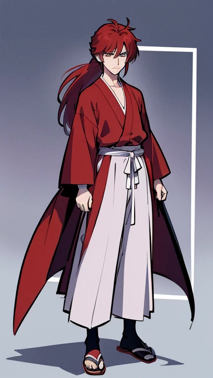 male, Rurouni Kenshin, Himura battousai, Samurai x, Samurai X Series, Long Red Hair, 刀を持っている male、Hakama、Haori、Muscular、whole body、Handsome、15 years old、Sandals、high resolution、