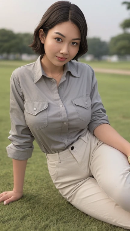 (extremely detailed, best quality) short wavy hair, 23 years old 160cm 55kg wearing grey plain button shirt, white sport pants. Bright face. sitting on the grass. Big breast jumbo. bright photo.