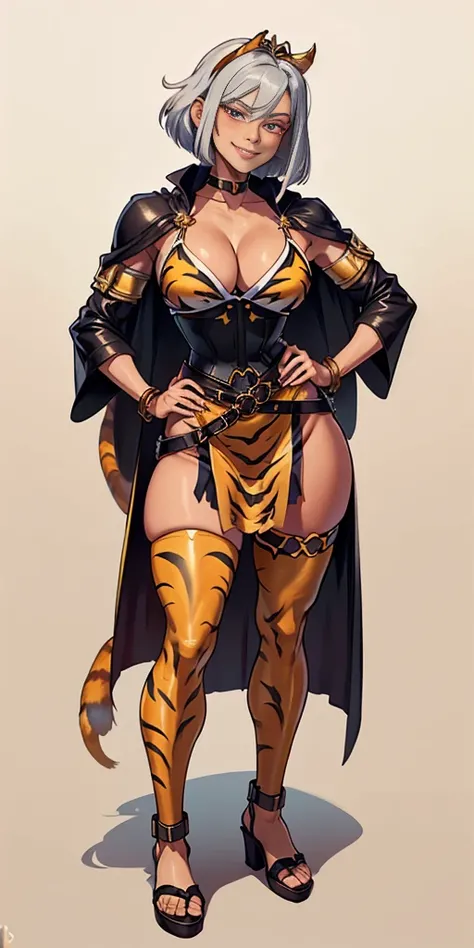 ((Masterpiece, plain background,1:2, masterpiece)) full body standing with two long yellow tiger print stockings, toned thighs,cleavage, separate yellow tiger print stockings thighs and sleeves, tiara royal, long cape up to two feet, yellow tiger bikini pr...