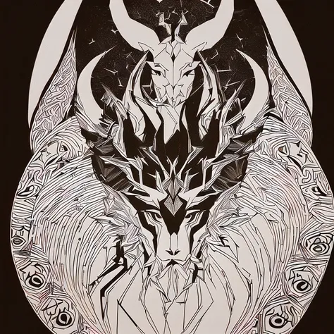 a black and white drawing of a horned goat with horns, intricate devilish designs, baphomet, horned god, bold intricate ink illu...