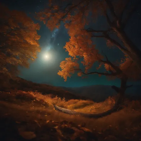 Autumn night starry sky, bright mysterious stars and a living anthropomorphic crescent