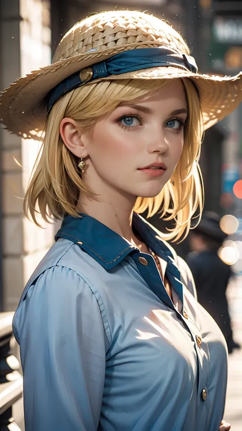 Portrait of a blonde girl in a blue hat and blue shirt