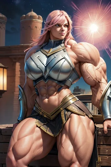 ((((Massive, tall, beautiful, buff, muscular brown skinned female Valkyrie with shocking pink hair, ginormous bulky muscles, sitting on a horse and wearing an all shocking pink gleaming Valkyrie armor and pleated skirt)))), (close view), black eyeliner, ma...