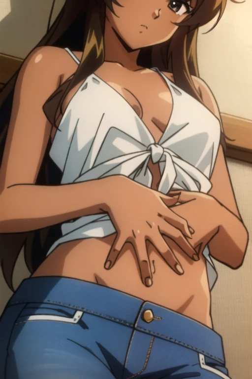 ((best quality)), ((masterpiece)), (detailed), perfect face, brown skin anime woman in a deep V-neck tied top, (bare shoulders), (bare arms), (jeans), (long hair), starving, (resting hands on the stomach), (hands on the stomach)