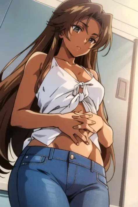 ((best quality)), ((masterpiece)), (detailed), perfect face, brown skin anime woman in a deep V-neck tied top, (bare shoulders), (bare arms), (jeans), (long hair), starving, (resting hands on the stomach), (hands on the stomach)