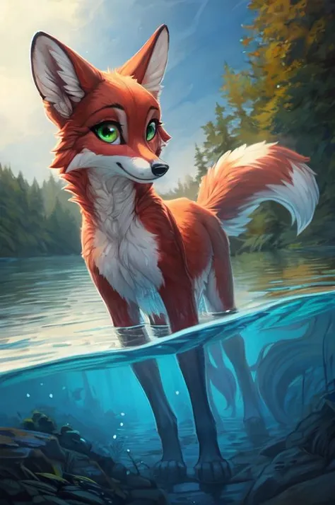 Close-up, fine illustration, breathtaking, masterpiece, trending on artstation, female, high details, one vixen  half-immersed in a lake, fluffy, feral, slim, jade green eyes, cute, by hioshiru, by pixelsketcher, realistic water, slender feral, forests eff...