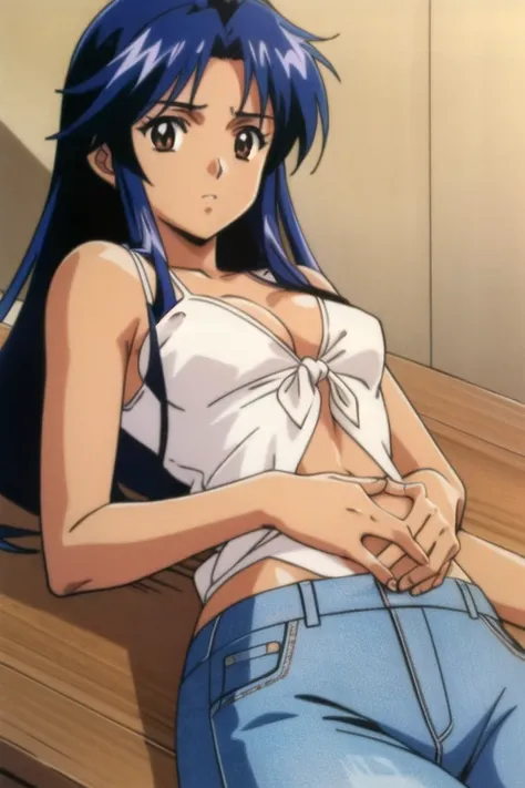 ((best quality)), ((masterpiece)), (detailed), perfect face, brown skin anime woman in a deep V-neck tied top, (bare shoulders), (bare arms), (jeans), (long hair), starving, (resting hands on the stomach), (hands on the stomach)