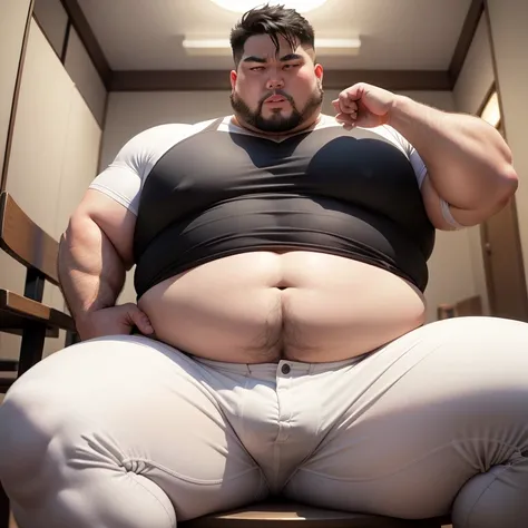 Big body、Fat man、Young Japanese、Sitting and spreading your crotch、Very short white pants、Emphasizing erect genitals、Glaring、Very short black hair、Large nipples、Arms outstretched