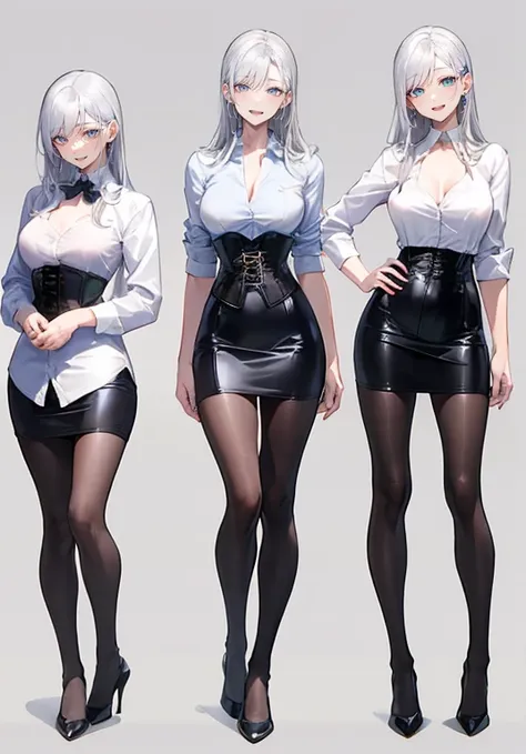 silver hair,long hair,adult female,bartender,((rolling up your sleeves shirt)),(corset),(tight skirt),high heels,((simple backgr...