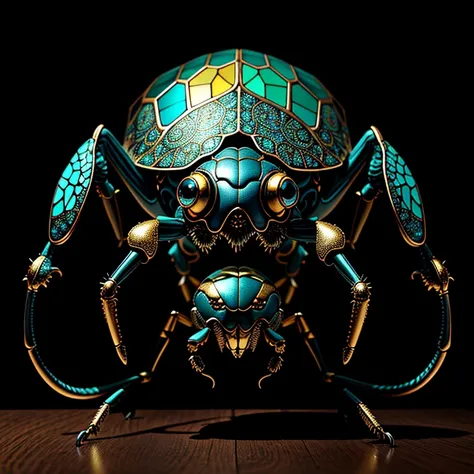 A meticulously crafted and artistically rendered stag beetle, with intricate details and vibrant colors. The body is adorned with metallic textures in shades of turquoise and gold, shimmering under the soft light. Its exoskeleton reveals intricate patterns...