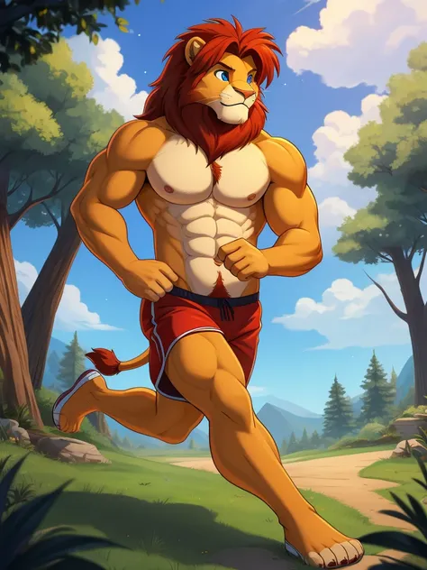 simba, a furry lion, furry, shirtless, muscular, male, masculine, red hair, yellowish fur, long lion tail, blue cartoony eyes, red hairy armpits, cartoony, illustration, sharp focus, smooth colors, medium length hair, two blogs haircut, young guy, topless,...