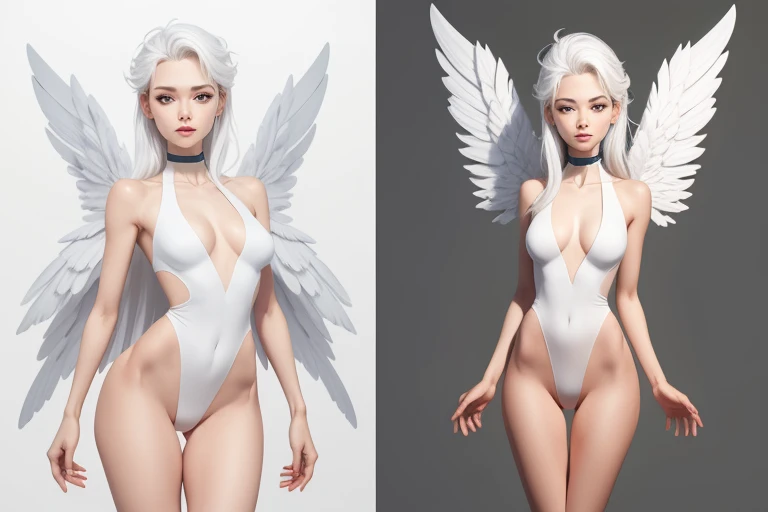 White and Gold, 电影照片whole body女性天使, Her appearance perfectly blends the ancient mystery. Have the face and style of a contemporary supermodel, She exudes a kind of cold and detached beauty, Giant angel feather wings, (Perfect body proportions:2), porcelain...