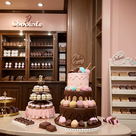 Chocolate shop with pastel color tones, com diversos chocolates nas prateleiras