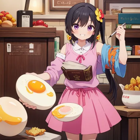 masterpiece, One girl, Medium chest, alone, araragi karen, hair ornaments, egg hair ornaments, Side Ponytail, Black Hair, food-themed hair ornaments, fried egg, View your viewers, egg (food), Long Hair, (Iris:1.1), Purple Skirt, No sleeve, Pink Shirt, home...