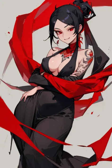 ((highest quality)), ((masterpiece)), (be familiar with),One female,Black Hair,Red eyes,Black Dress,Chest tattoo, Bewitching Smile,Heel,Black Hair,Hair tied around the neck,Red shawl,Erect nipples,(whole body),Slanted Eyes
