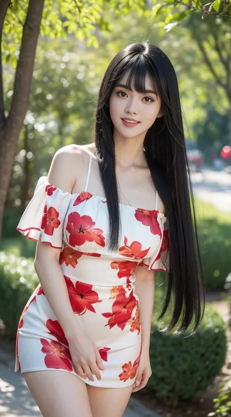 ((Best Quality, 8K, Masterpiece: 1.3)), three Hyperrealistic of a beautiful FILIPINA women with a black hair, fair skin, medium size of the body, beautiful smile on her face wearing a  in a color of yellow with colorful flowers background with a big name"j...