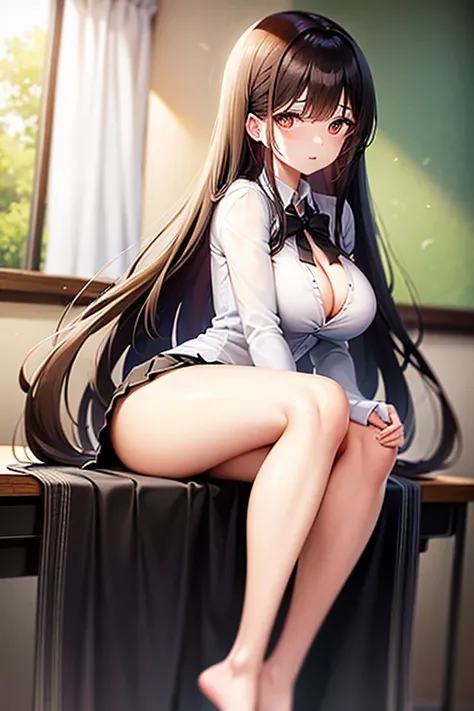 Italian girl, 25 years old, very long loose brown hair, super giant breasts wearing an unbuttoned white shirt, wearing a black pleated mini skirt, a black lace bra, hair covering the breasts, bare feet, school classroom