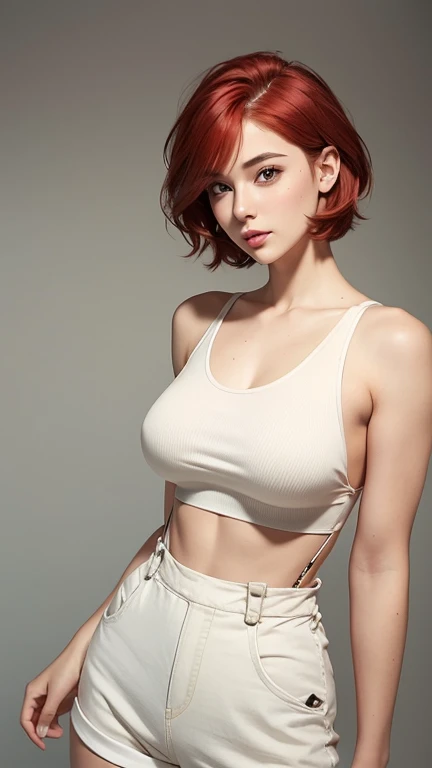 A  beautiful tight body young woman with short red hair.  Wear a tight and thin white  overalls cropped tank top.  Wear tight-fitting shorts, beautiful breasts, H cup breasts, natural light ,gymp background