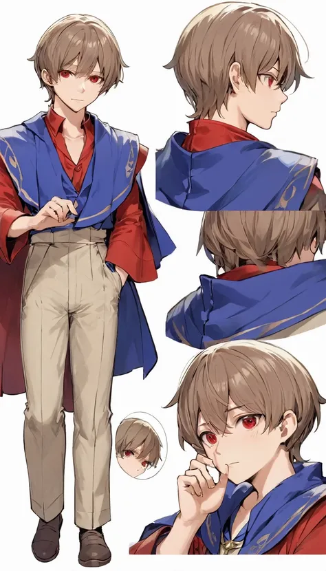 white background, character sheet, 4 different views of drawing, 1man, light brown hair, red eyes, wearing magician clothes red sleeves, blue pants, blue robe, male protagonist, high res, ultrasharp, 8K, masterpiece, looking at viewer