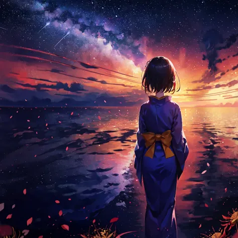 1girl, distant girl wearing a kimono staring at the stars, (zoomed out:1.1), (meteor shower:1.2), (comet:1.1), your name, low angle, from behind, aroura borealis, shooting star, yukata, red kimono, cherry blossoms, standing in a field,best quality, masterp...