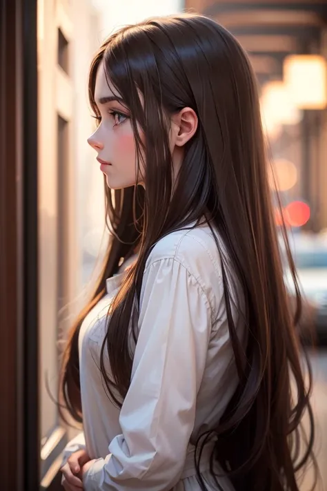 Young brunette, long hair, in profile, realistic, looks at the camera.