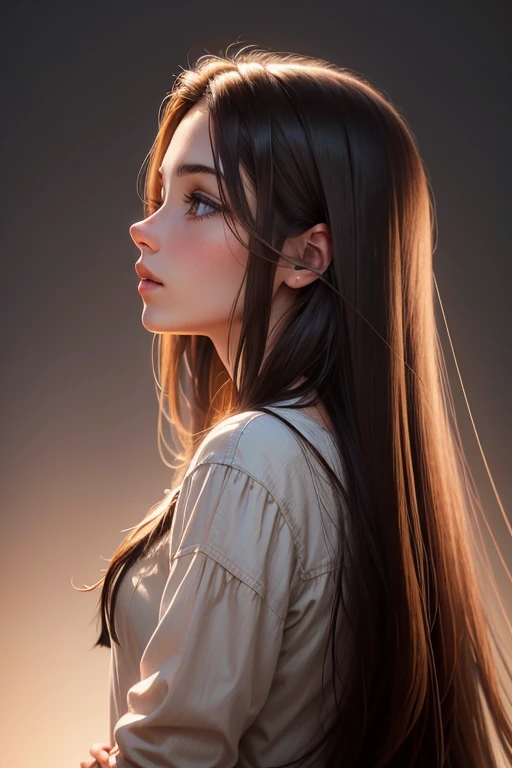 Young brunette, long hair, in profile, realistic, looks straight ahead.