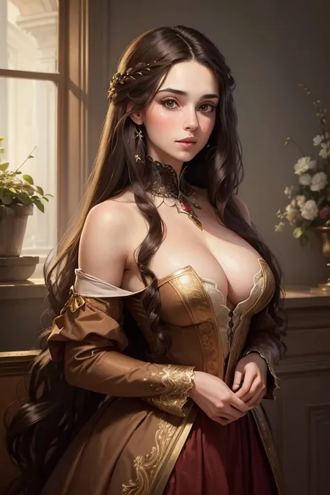 (((portrait, masterpiece))), (((Young beautiful brunette with a deep neckline))), long hair, Looking straight ahead, realistic. highest quality 16k.