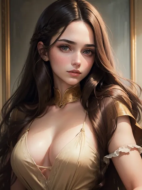 (((portrait, masterpiece))), (((Young beautiful brunette with a deep neckline))), long hair, (((hair doesn&#39;t fall on your face, no facial hair!!!))), Looking straight ahead, realistic. highest quality 16k.