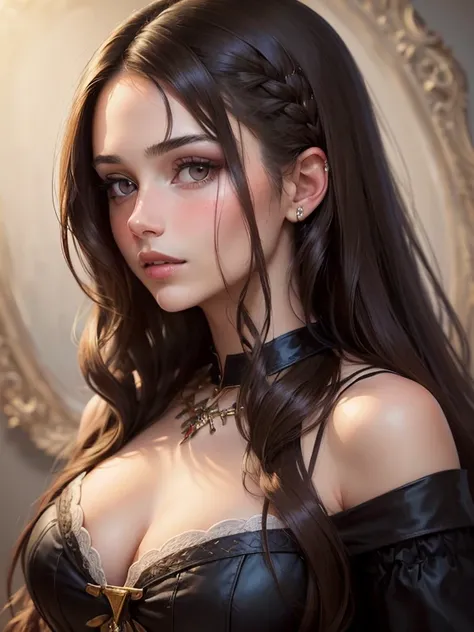 (((portrait, masterpiece))), (((Young beautiful brunette with a deep neckline))), long hair, (((hair doesn&#39;t fall on your face, no facial hair!!!))), Looking straight ahead, realistic. highest quality 16k.