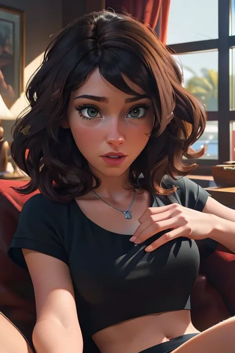 Aunt Cass sitting on the sofa in tight pajama shorts and crop top watching Game of Thrones, very detailed, natural wavy hair, high resolution, masterpiece, best quality, intricate details, highly detailed, detailed skin, realistic skin texture, texture, de...