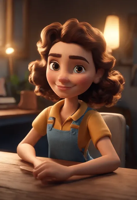 Cartoon character of a white teenage girl with super curly brown hair, sitting in the desk chair in her room writing a book, un personaje animado, personaje estilizado, animation style rendering, 3D estilizado, Arnold Maya renderizado, Render 3D estilizado...