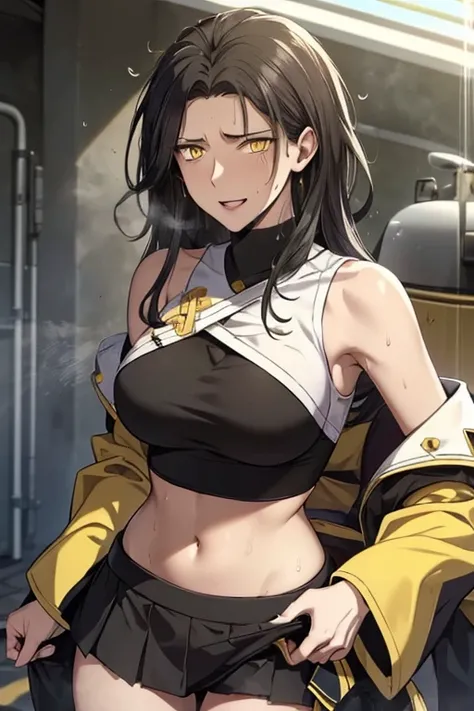 masterpiece,best quality,1girl,(mature female),orihimedef,,BLACK hair,yellow eyes,hair ornament,center opening,navel,midriff,skirt,detached sleeves,seductive smile,((sweat,sweatdrop,steaming body)),looking at viewer,sunlight,(dutch angle),