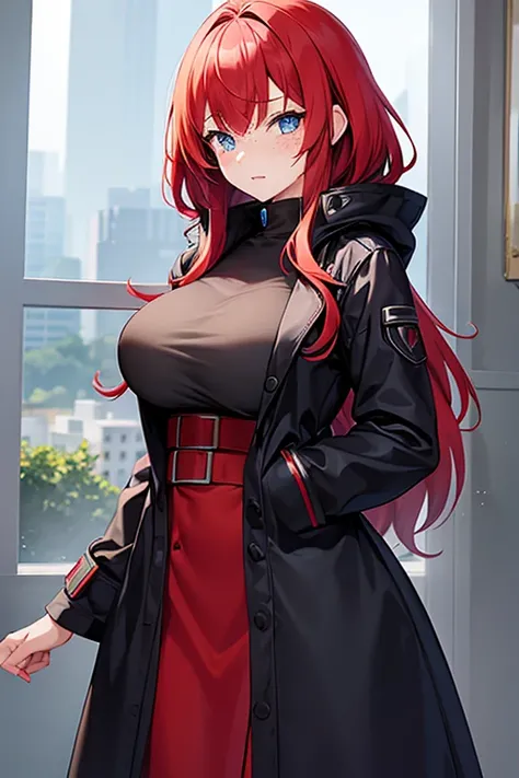 A girl 198 cm tall with red hair, dark blue eyes, white-beige skin and freckles with large breasts, dressed in a black raincoat 