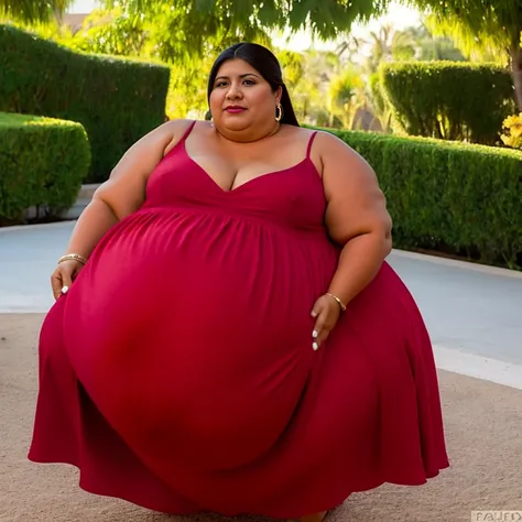 Extremely Hyperpregnant Mexican woman with huge belly wearing a dress